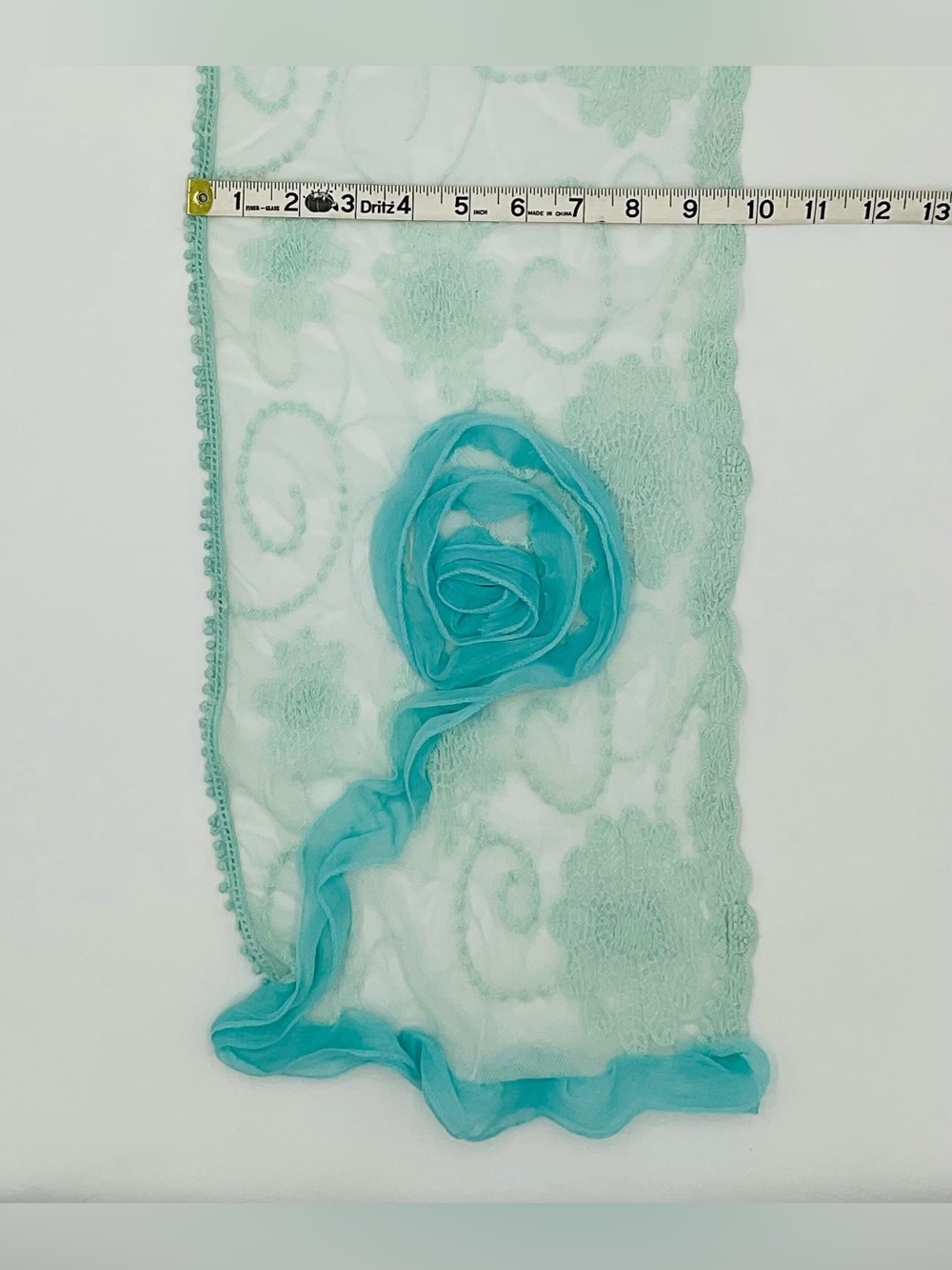 2 CHIC Light Aqua Floral Lace Scarf with Ribbon Rose Accent - Picture 5 of 7